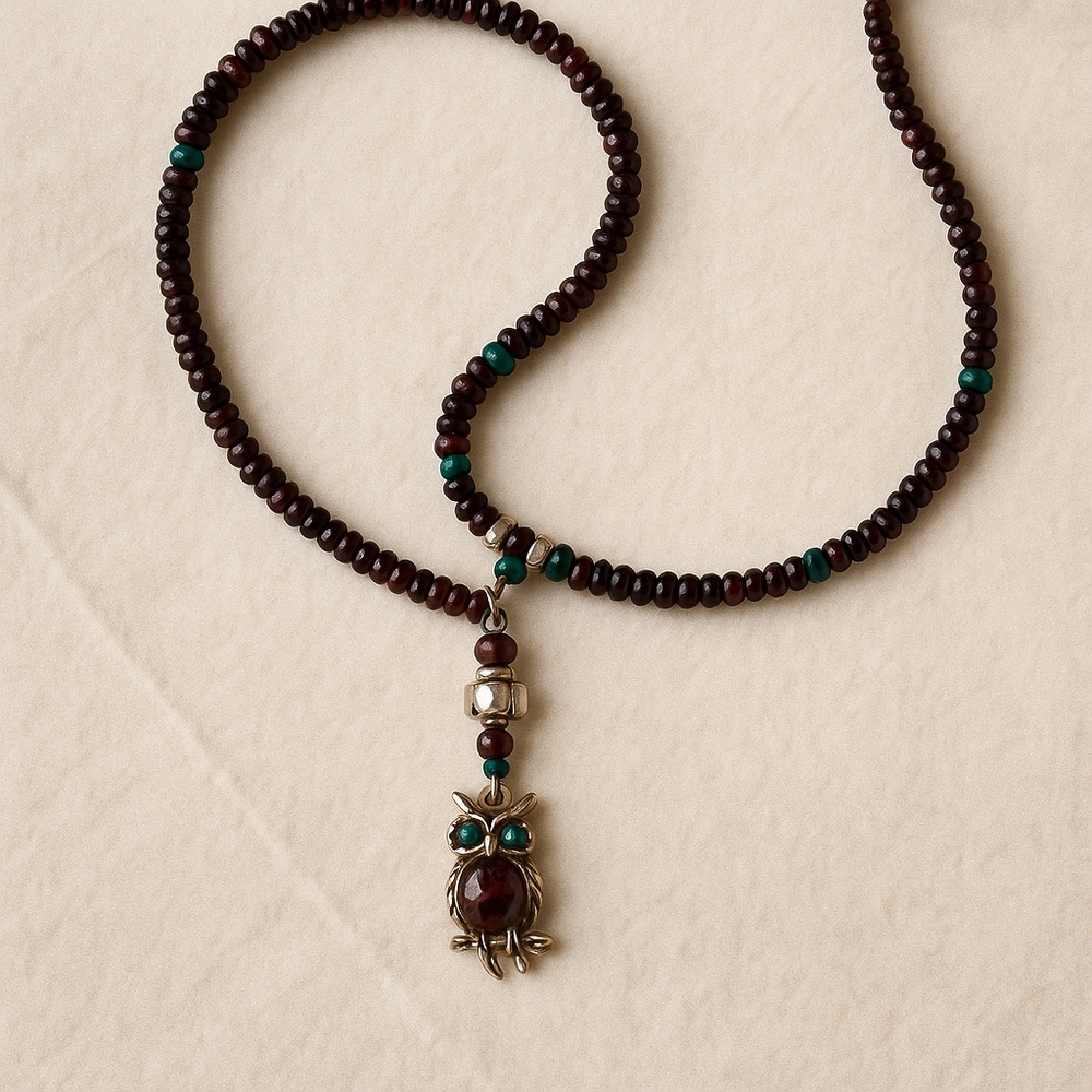 Garnet natural stone bead necklace with owl pendant